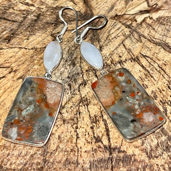 Rainbow Moonstone & Red Jasper Earrings 2 1/2” - Picture 6 of 13